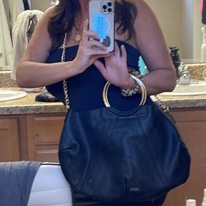 Falor Firenze Made in Italy Soft Black Leather Geo Handle Crossbody